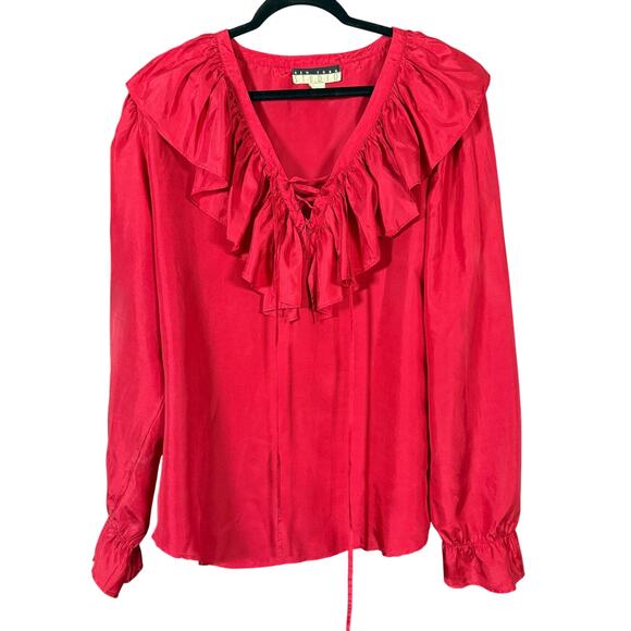 90s Vintage NEW YORK STUDIO | Deep Red Silk Ruffle neck Poet's Blouse | Medium - Picture 1 of 5